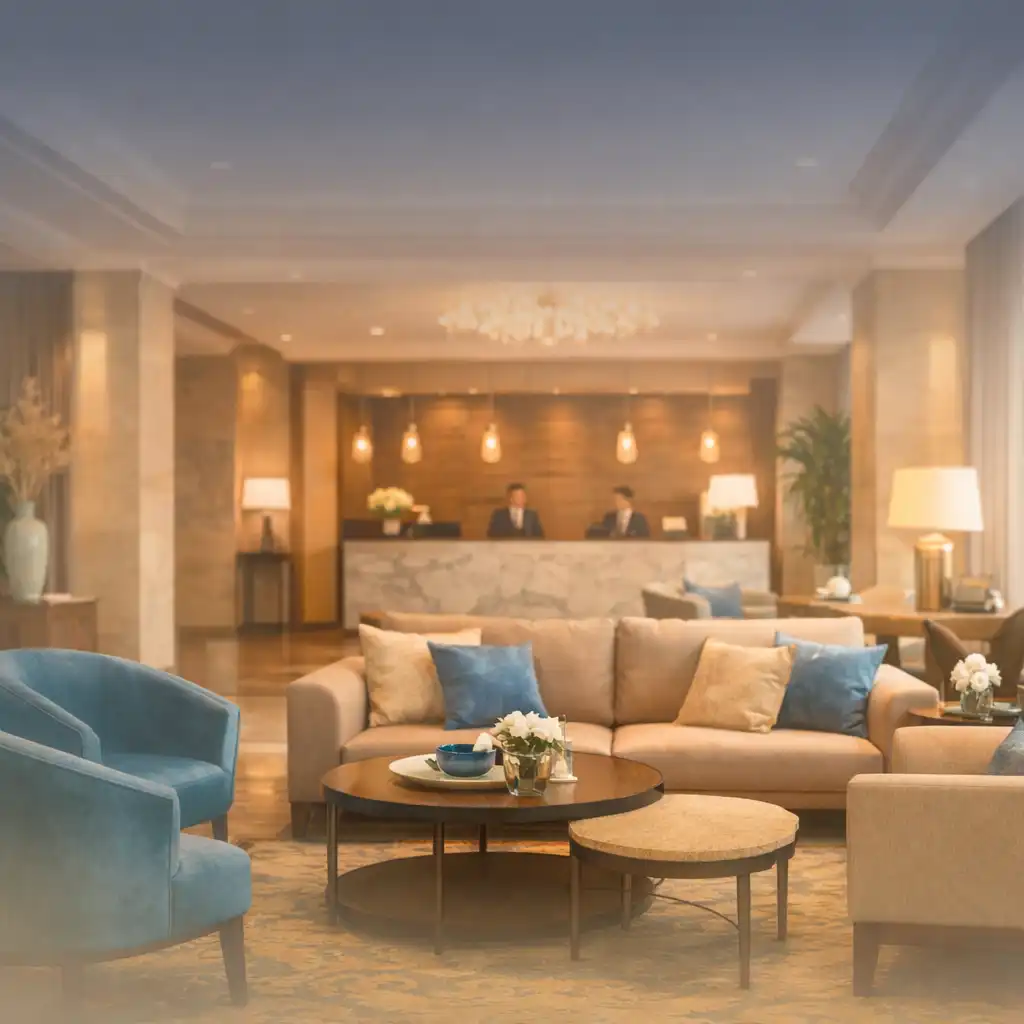 A luxurious hotel lobby with modern furnishings and soft natural light
