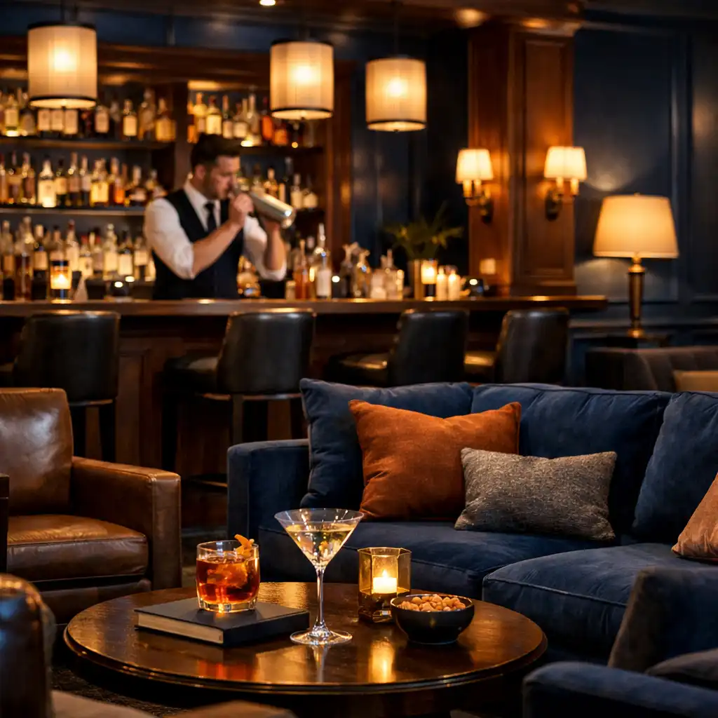Elegant hotel bar with backlit spirits display and leather stools