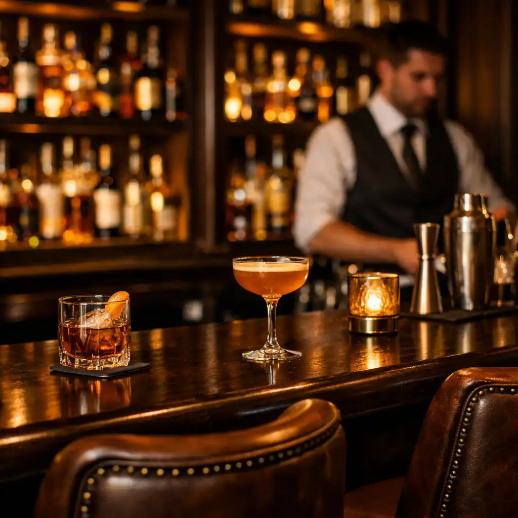 Stylish hotel bar with dark wood counter and backlit shelves