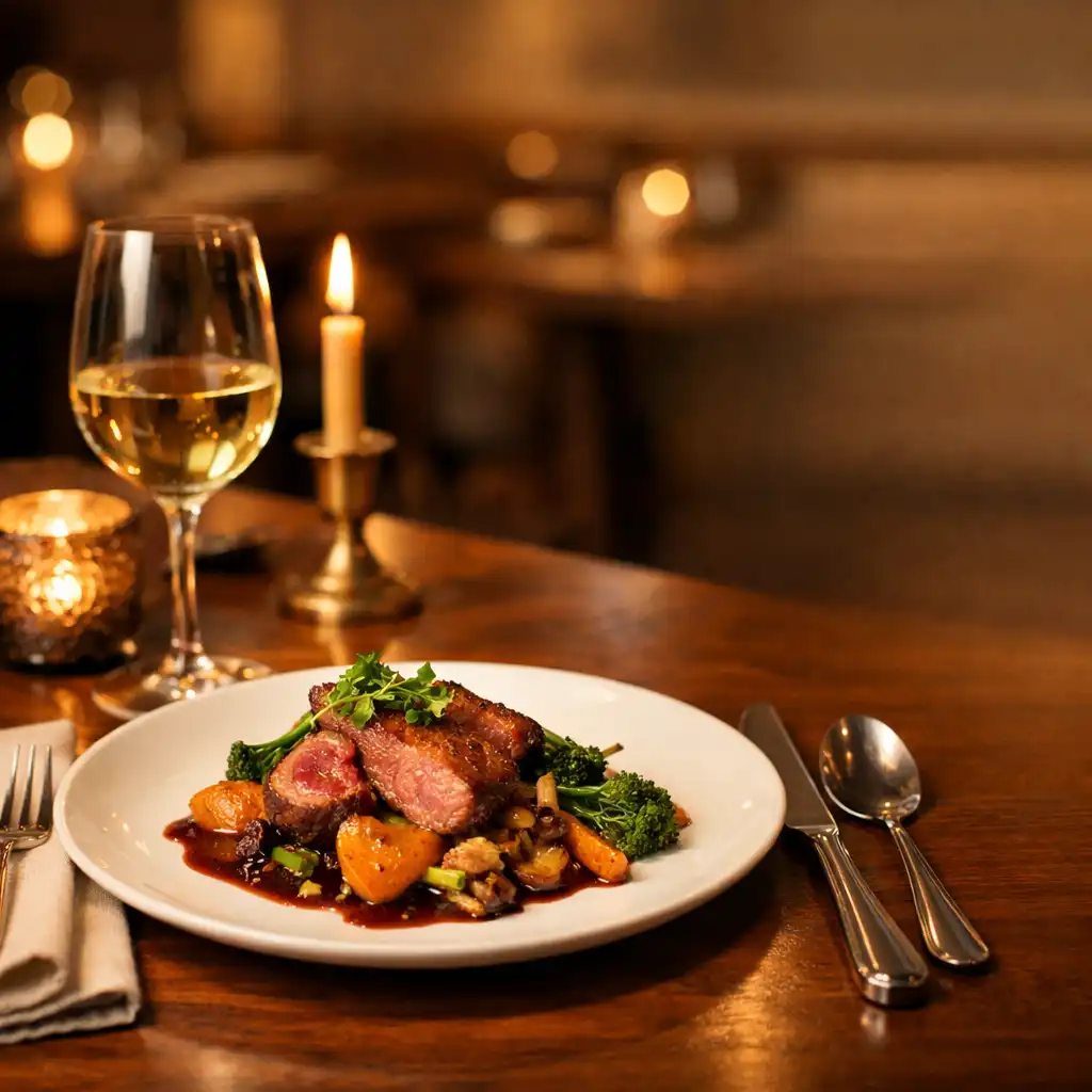 Elegant restaurant table setting with a plated seasonal dish and wine