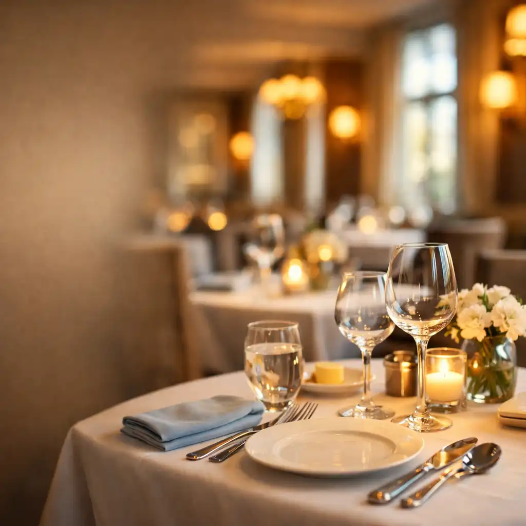 Warmly lit dining room with white linen tables and polished silverware