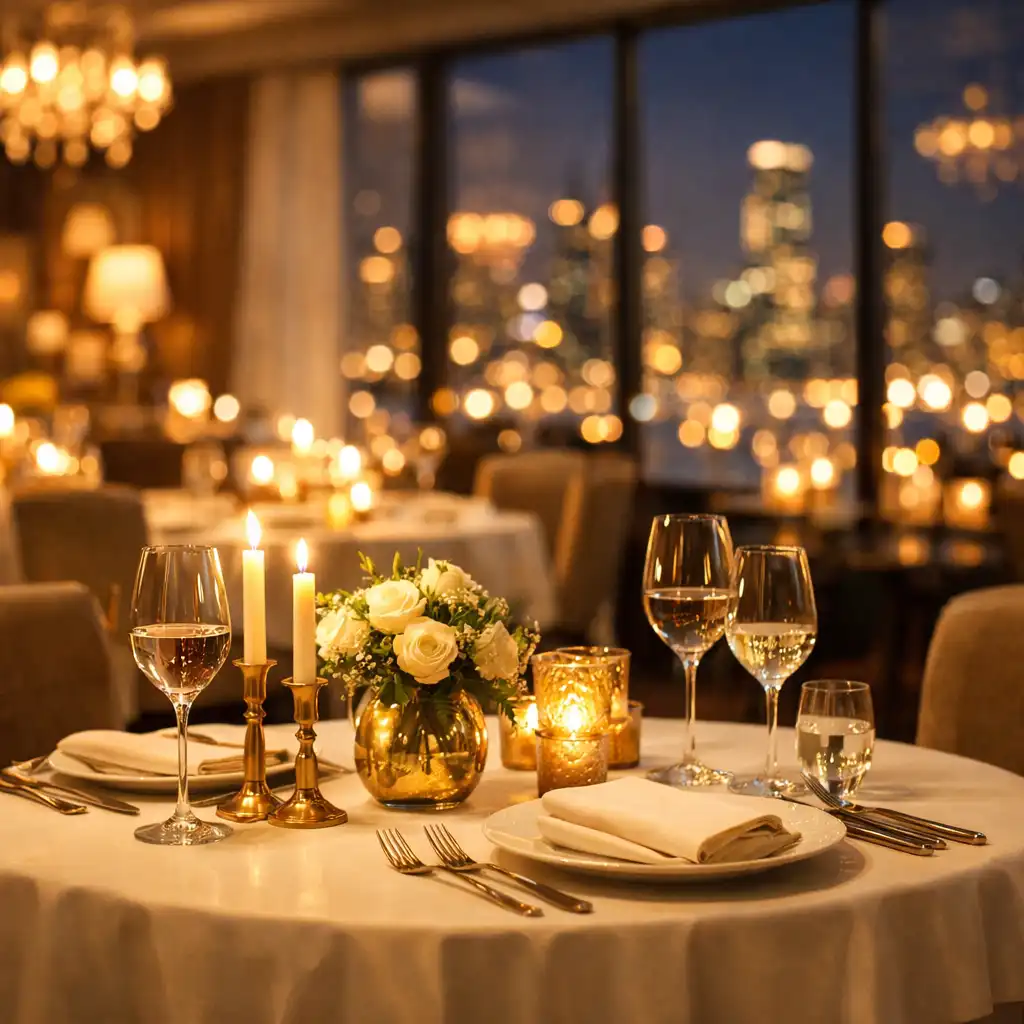 Elegant restaurant interior with white tablecloths and warm pendant lighting