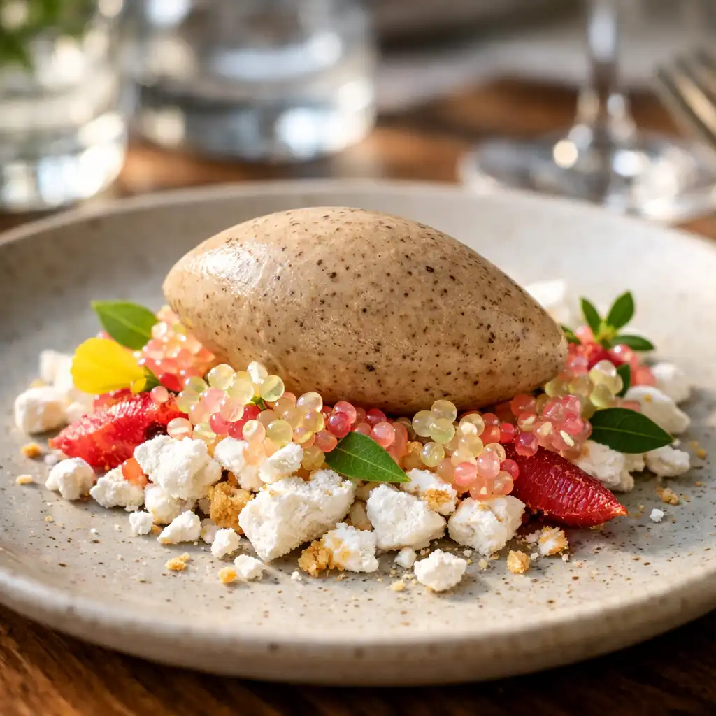 Modern dessert with wattleseed ice cream and finger lime pearls