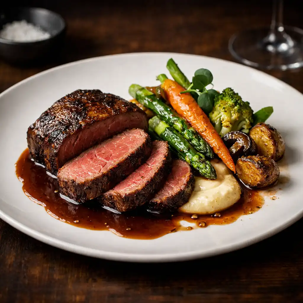 Premium beef main course with seasonal vegetables and rich jus