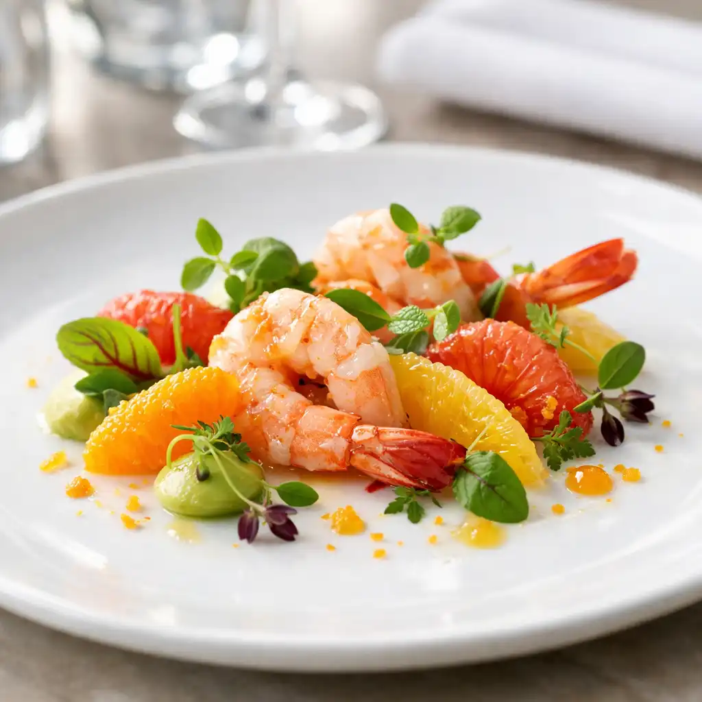 Delicate seafood starter with prawns, citrus, and micro herbs