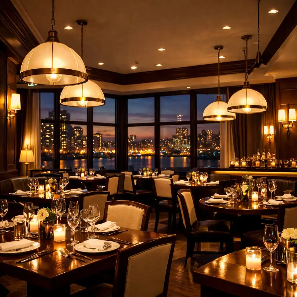 Hotel restaurant interior with tables set for dinner and evening city lights