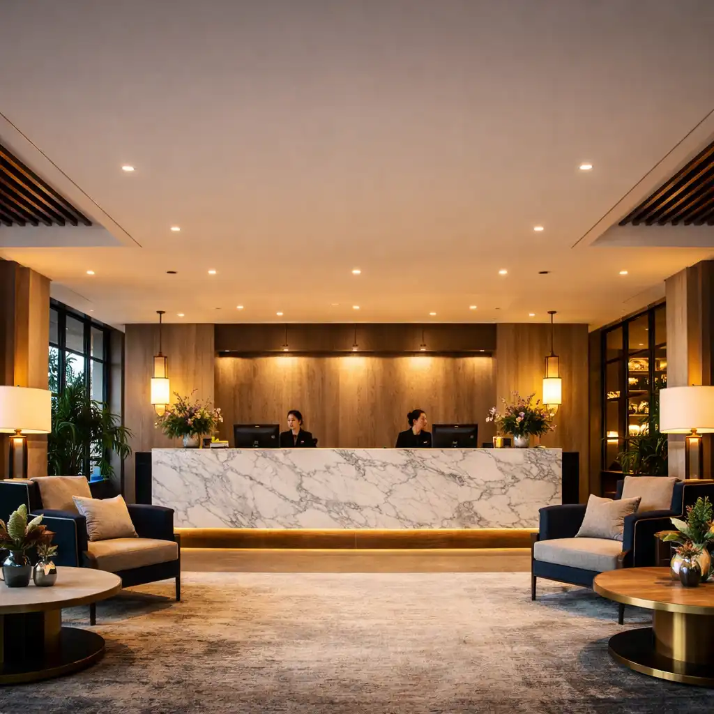 The elegant lobby of Marisa Haven with warm lighting and refined seating areas
