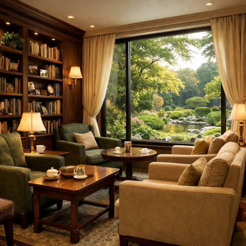 Quiet hotel lounge with armchairs, bookshelf, and garden view