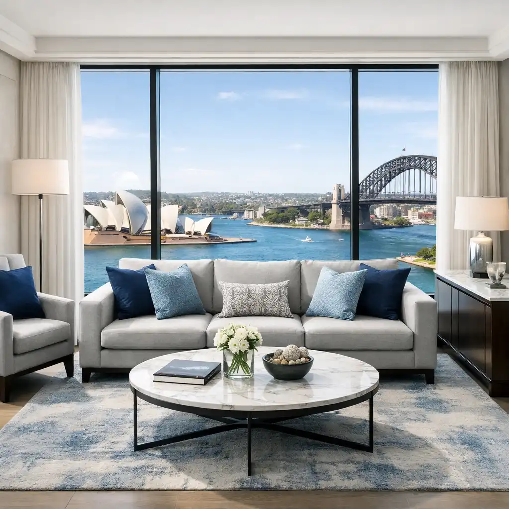 Stylish hotel suite living area with sofa and harbour view