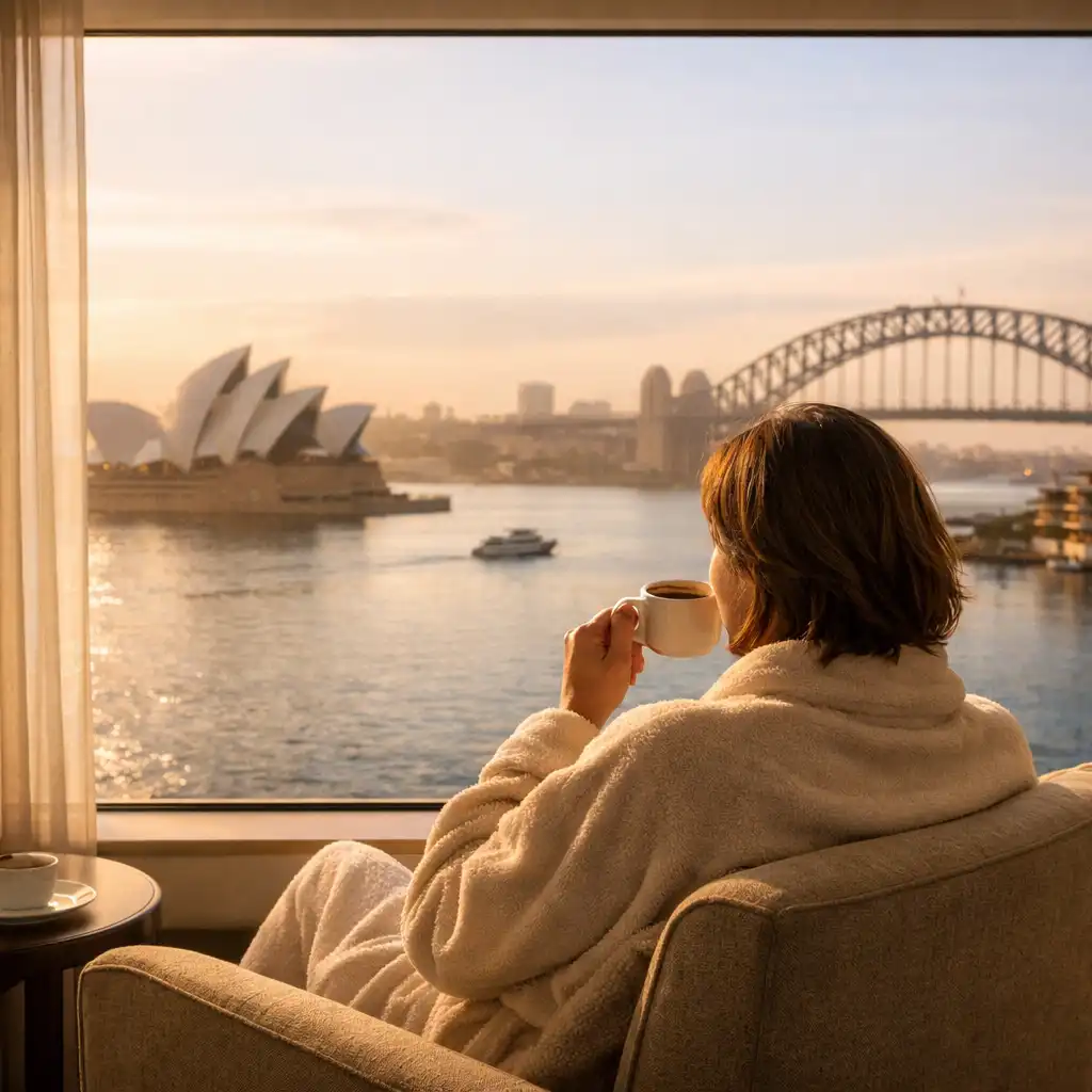 Guest enjoying a quiet morning coffee by a window with a view of Sydney Harbour