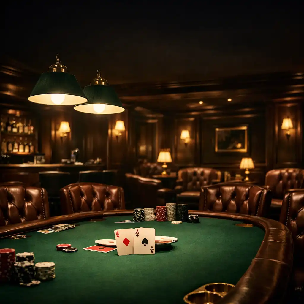 Sophisticated poker lounge with green felt table and leather chairs