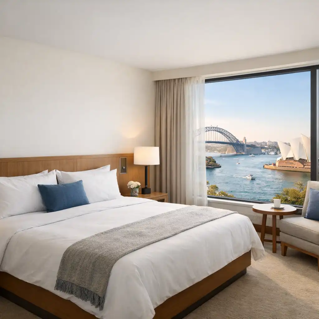 Bright modern hotel room with a king bed and harbour view