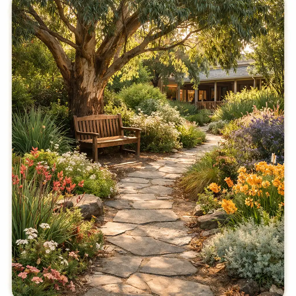 Lush hotel garden with a winding stone path and a shaded wooden bench