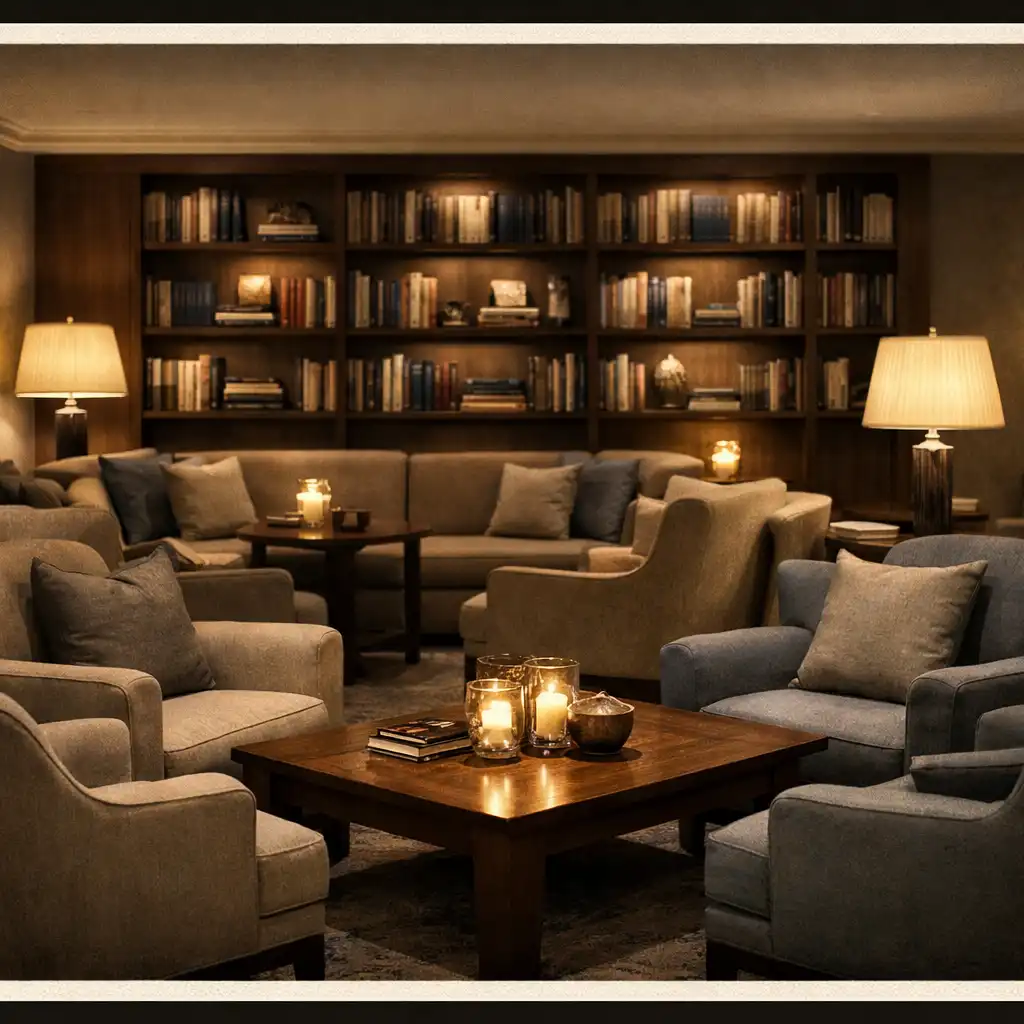 Comfortable lounge with plush sofas and a fireplace overlooking a garden