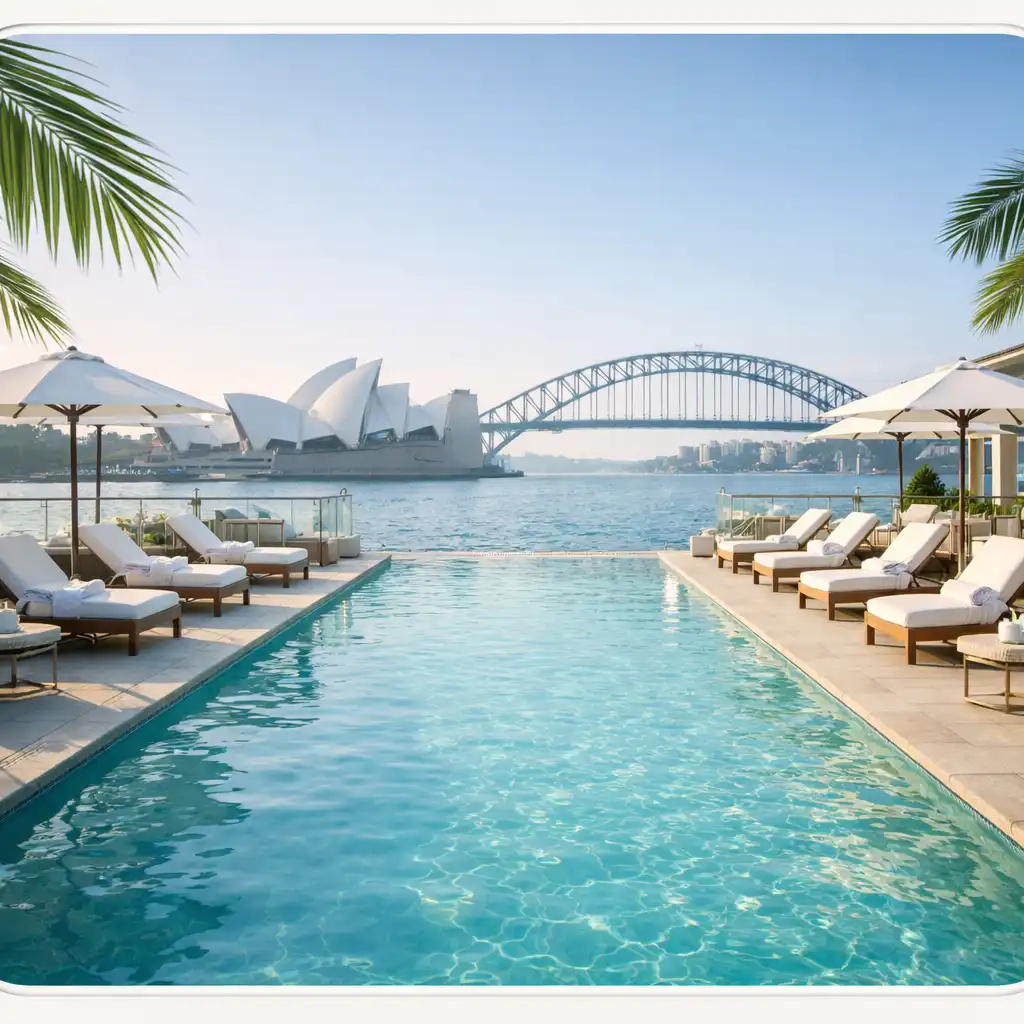 Outdoor pool with lounge chairs and a view of the harbour