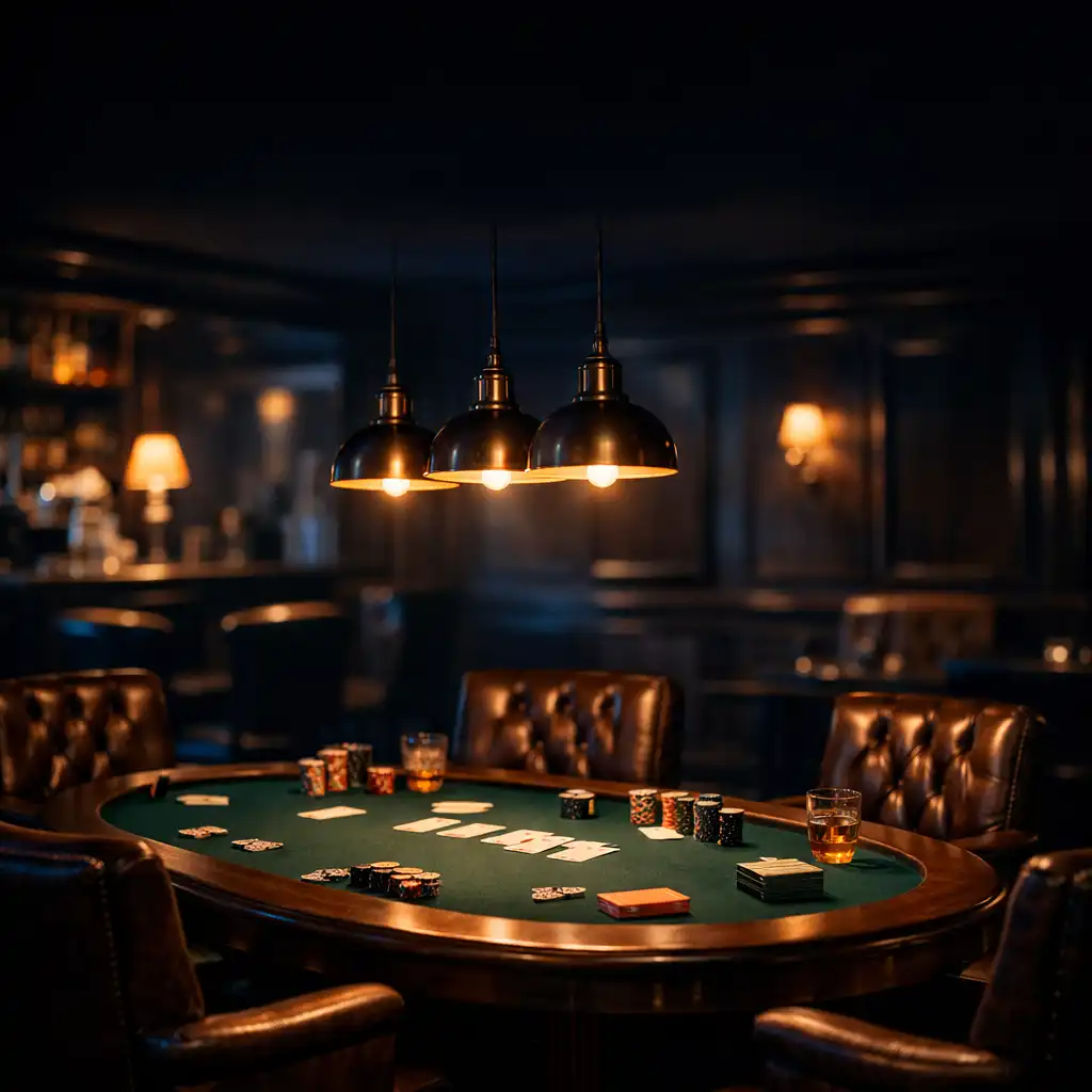 Moody, sophisticated poker lounge interior with a dark wood table, green felt, and leather chairs under warm pendant lights