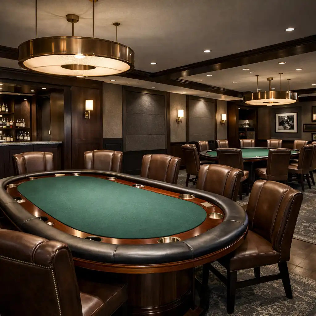 Wide-angle view of a luxurious empty hotel poker lounge with custom tables, green felt, high-back leather chairs, and warm brass lighting