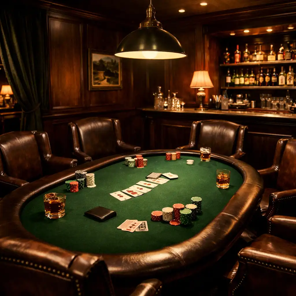 Private poker lounge with a green felt table, leather chairs, and low ambient lighting