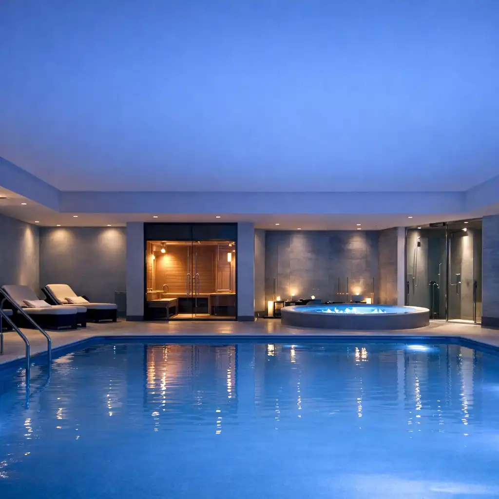 Serene indoor pool and spa area with calm water and minimalist design