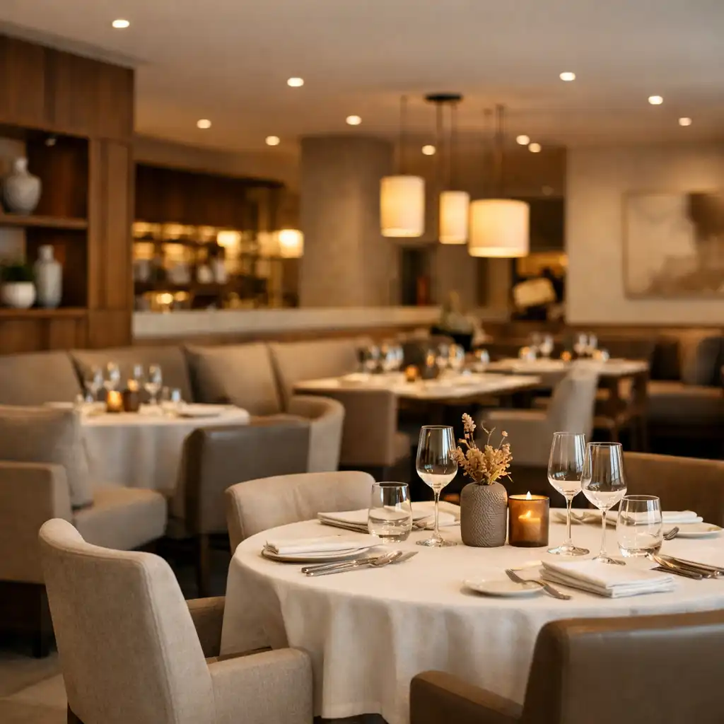 Modern restaurant interior with warm wood panelling and soft pendant lighting
