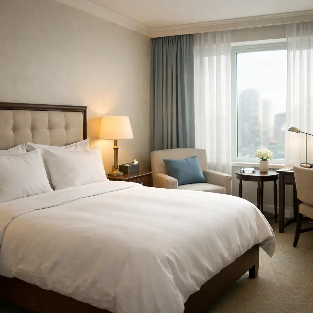 Classic guest room with a queen bed, soft natural light, and minimalist decor