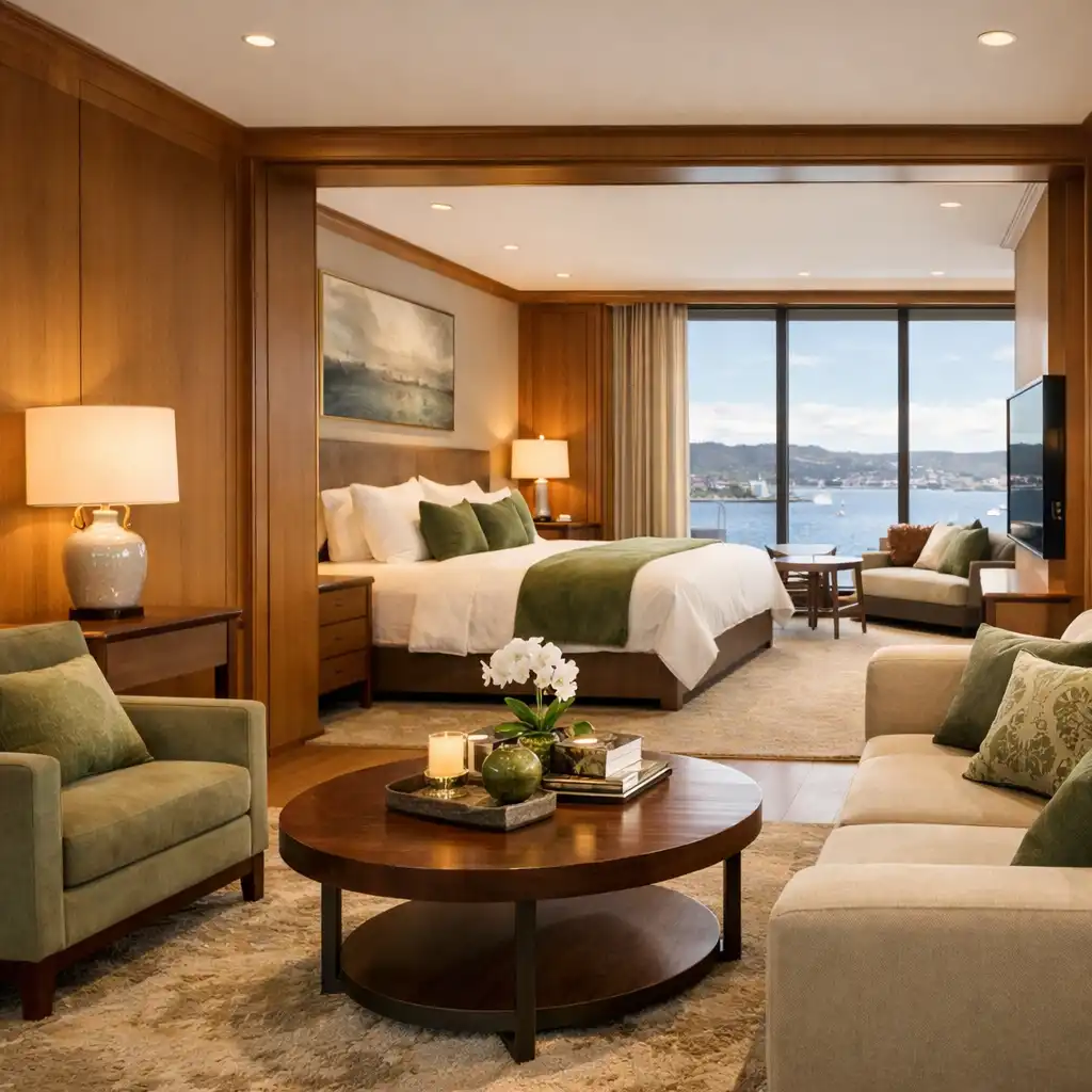 Spacious suite with a separate living area and harbour view