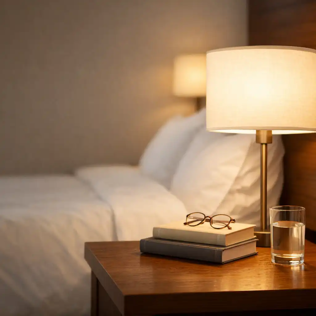 Bedside table detail in a Marisa Haven room with a lamp, books, and a glass of water