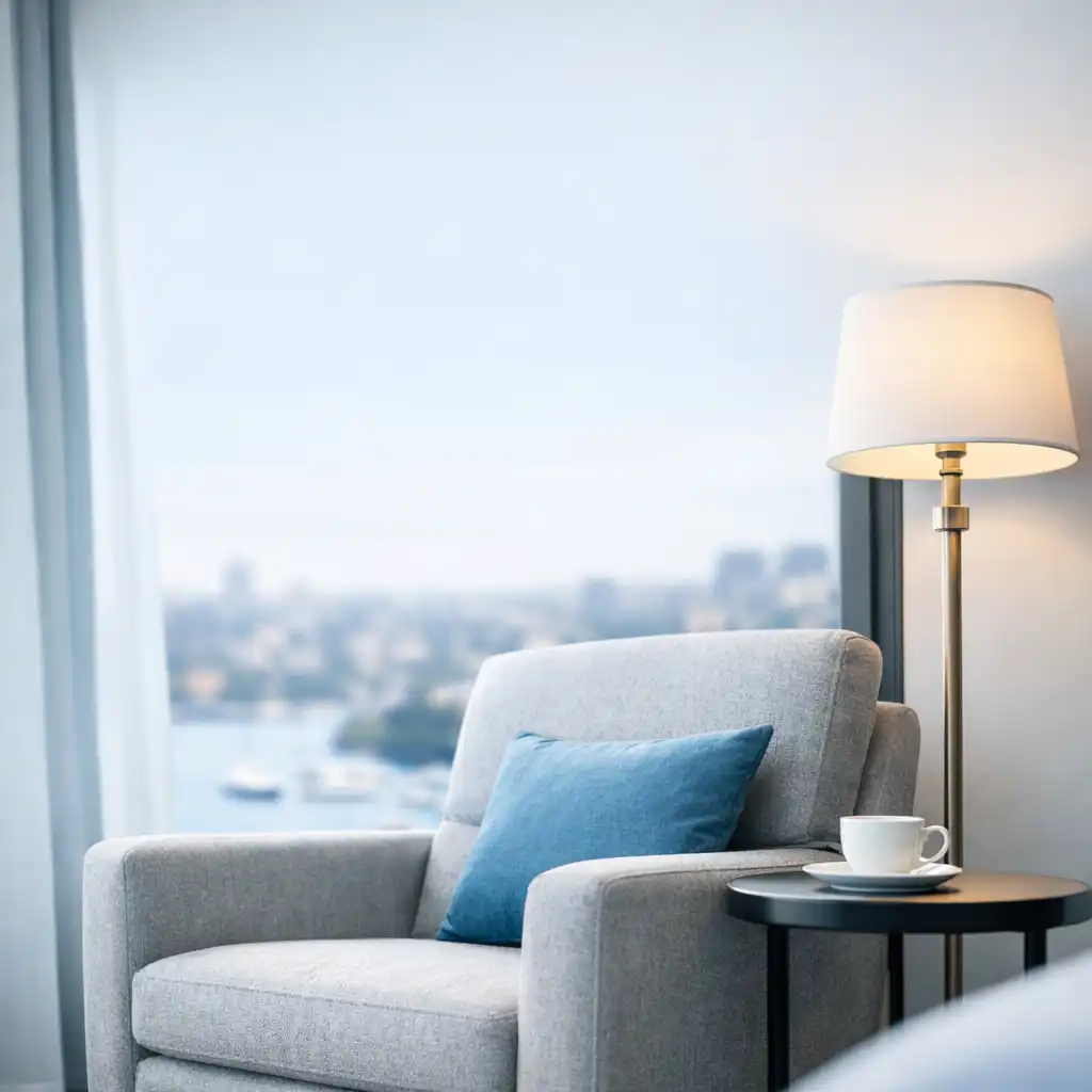 Seating area in a Marisa Haven room with a grey armchair, side table, and soft daylight from the window