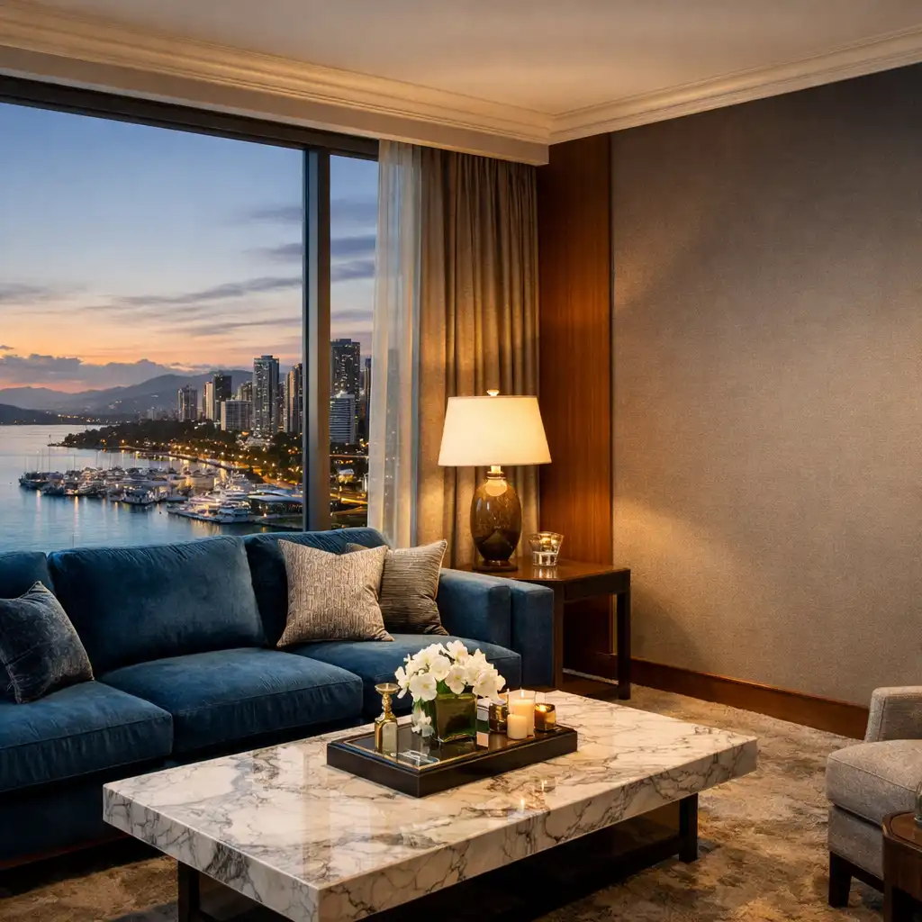 Spacious Marisa Suite living room with a deep blue sofa, marble coffee table, and panoramic harbour view