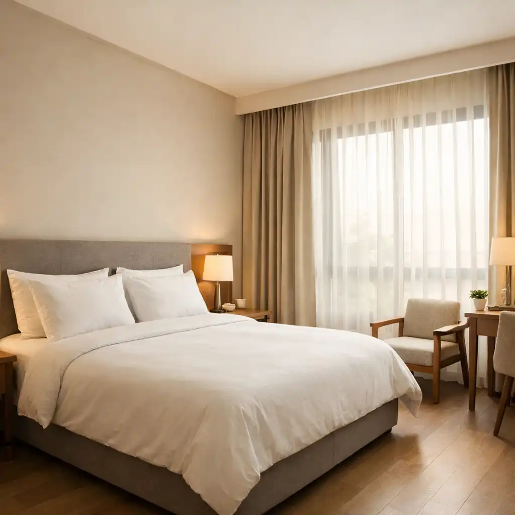 A serene Marisa Haven room with a queen bed, soft morning light, and a view toward the window